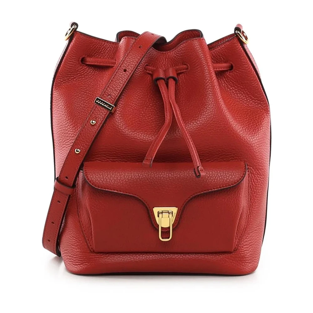 Coccinelle Donna Rosso - Borsa A Secchiello In Pelle Con Coulisse E Tasca Frontale Con Patta - Bags - One Size - Immagine 5