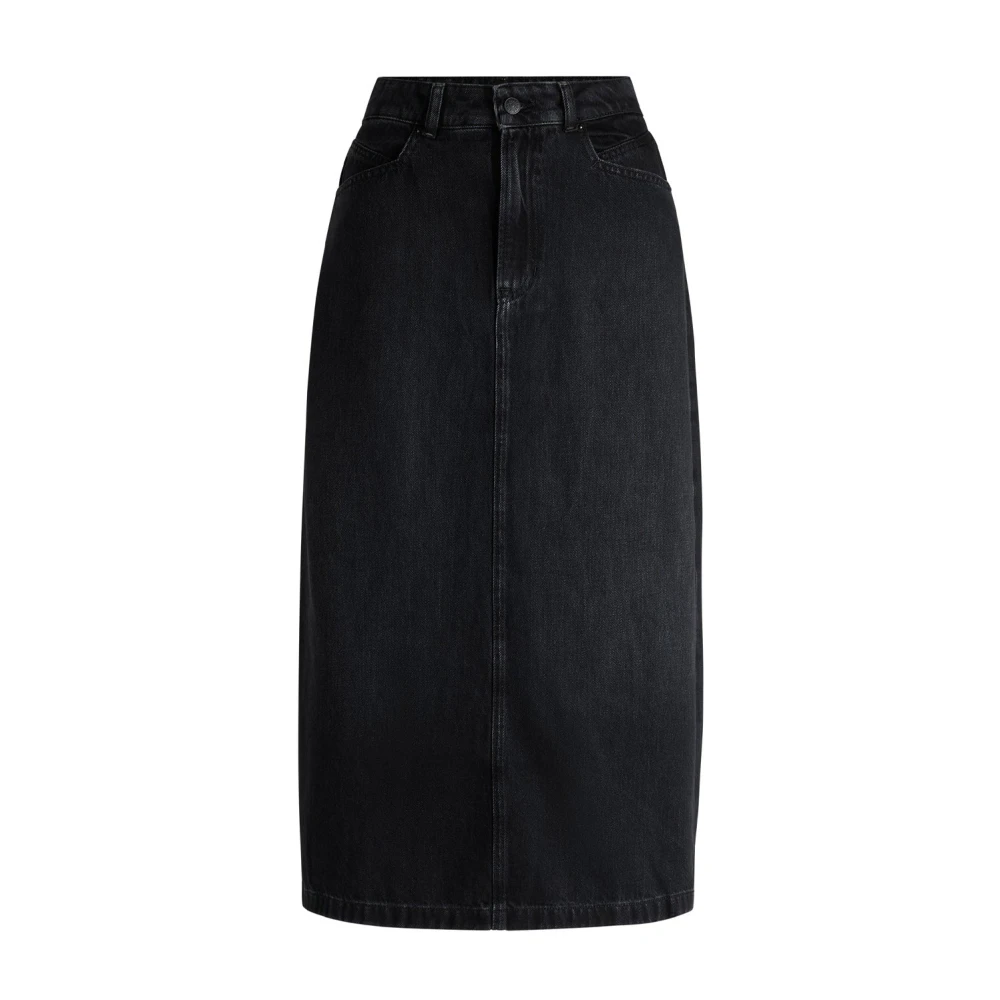 Hugo Boss Svart Denim Midi Kjol med Slits Black, Dam