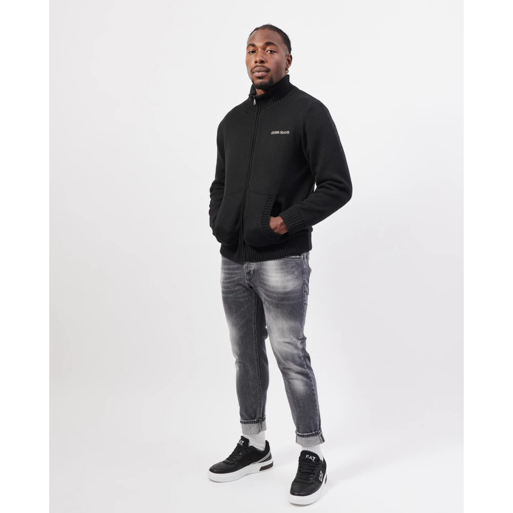Guess Zwarte Sweater Fullzip Geborduurd Logo Black Heren