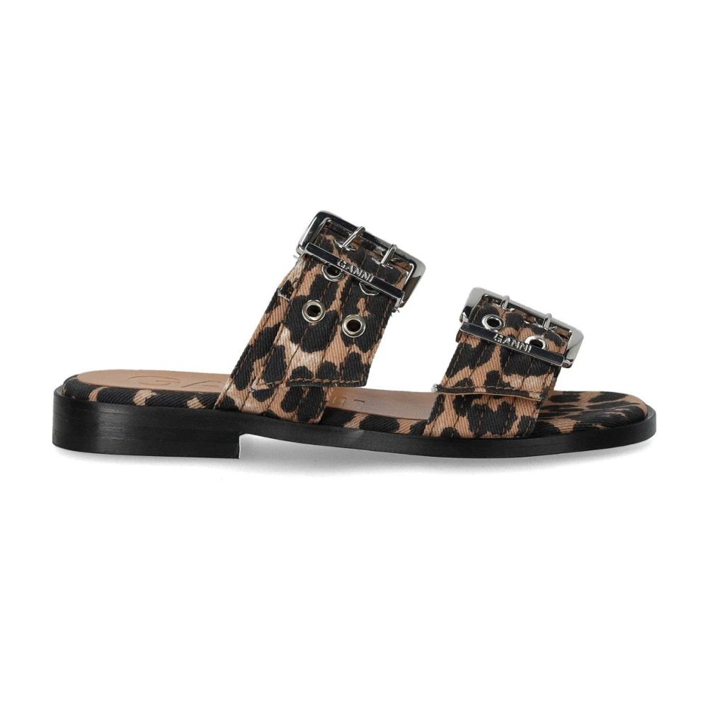 Ganni Brun Animalier Platta Sandaler Med Spännen
