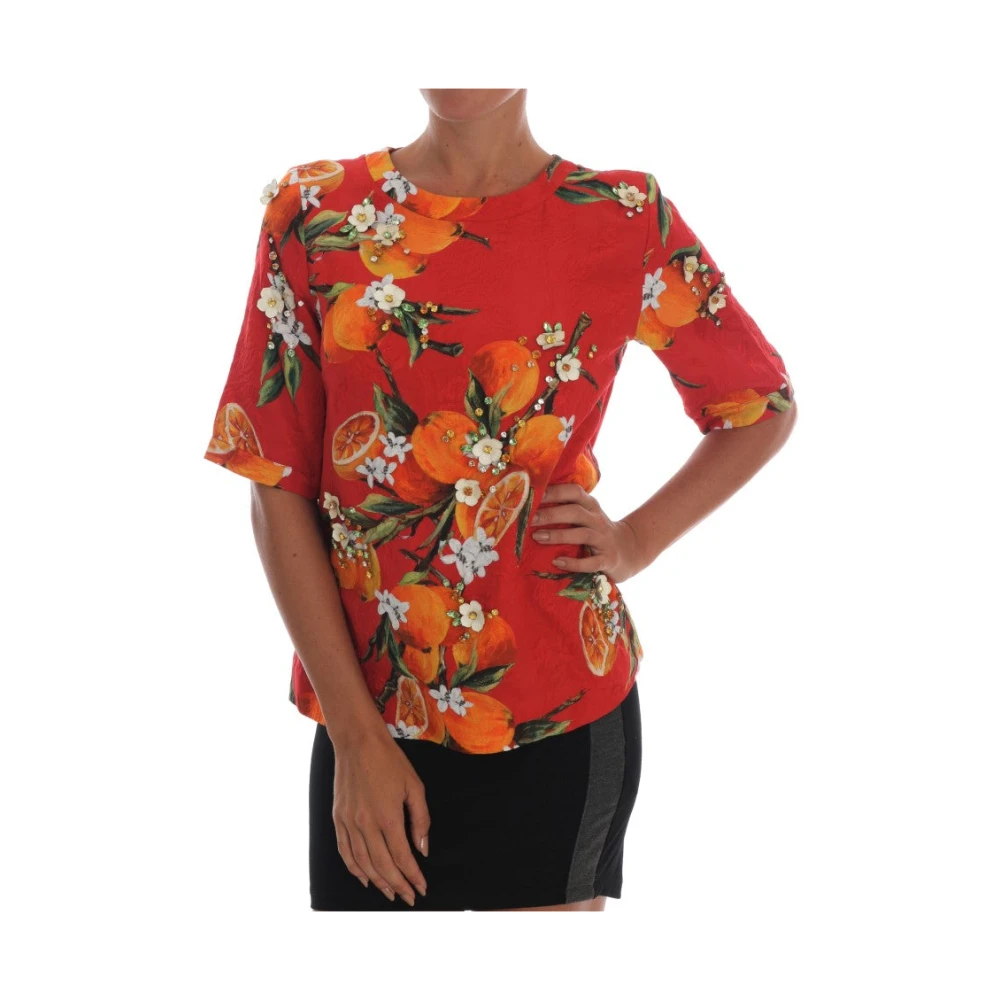 Dolce & Gabbana Women's Multicolor Blouses, 2XS, Orange Print Crystal-Embellished Blouse