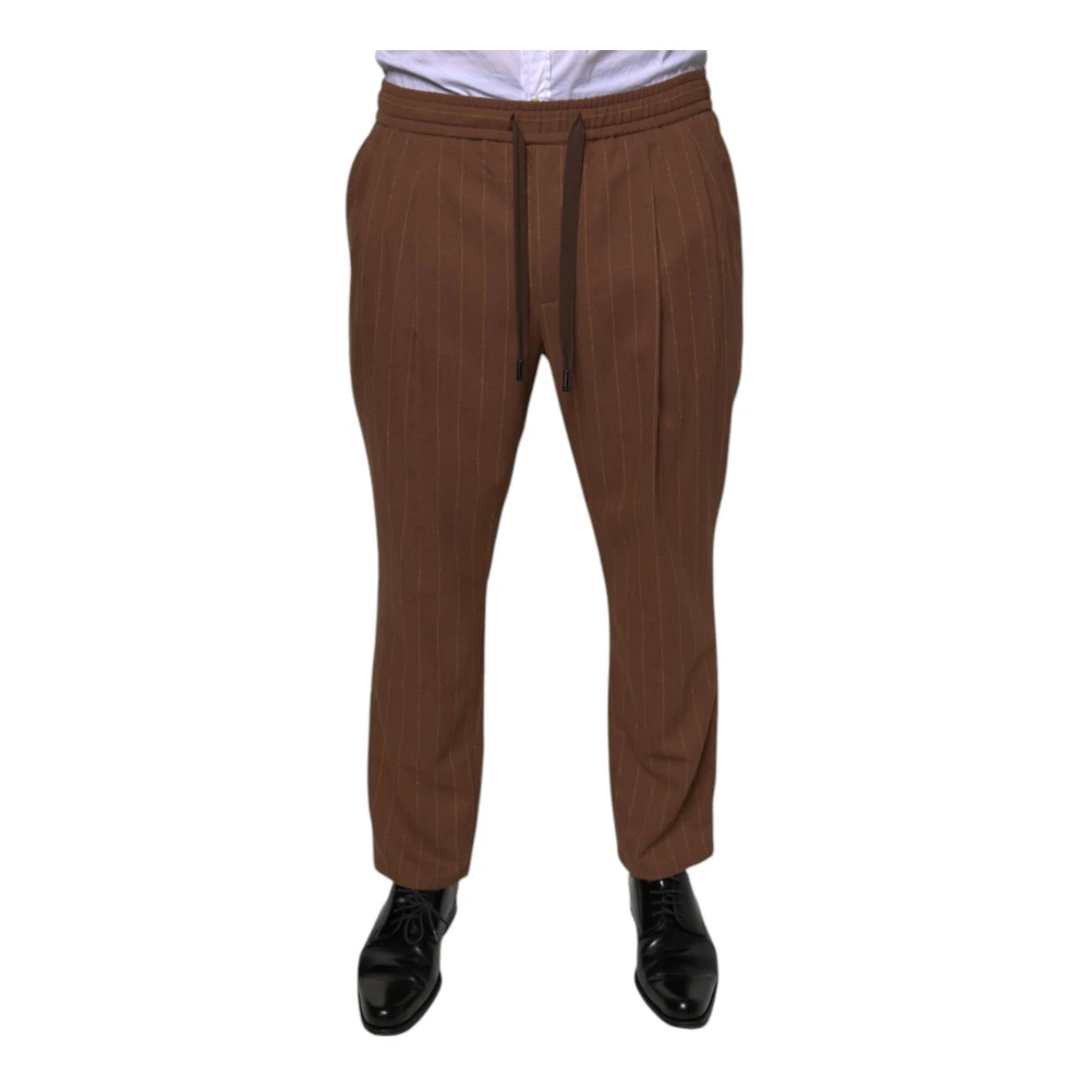 Dolce & Gabbana Gestreepte Skinny Dress Pants met Trekkoordsluiting Brown Heren