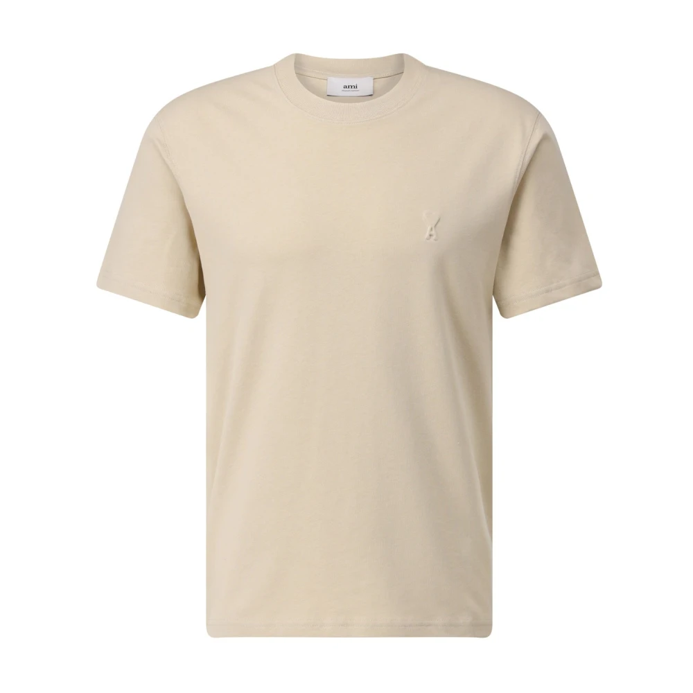 Ami Paris Logo T-shirt met geribbelde ronde hals Beige Heren