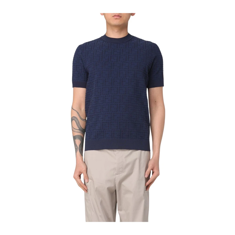 Fendi Blå Short Sleeve Knit Geometric Sweater