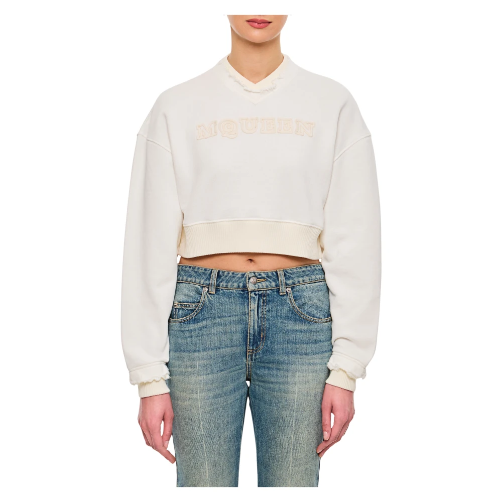 Alexander Mcqueen Women's White Logo Cropped Sweatshirt - Sweatshirts - M - Sweatshirts & Hoodies