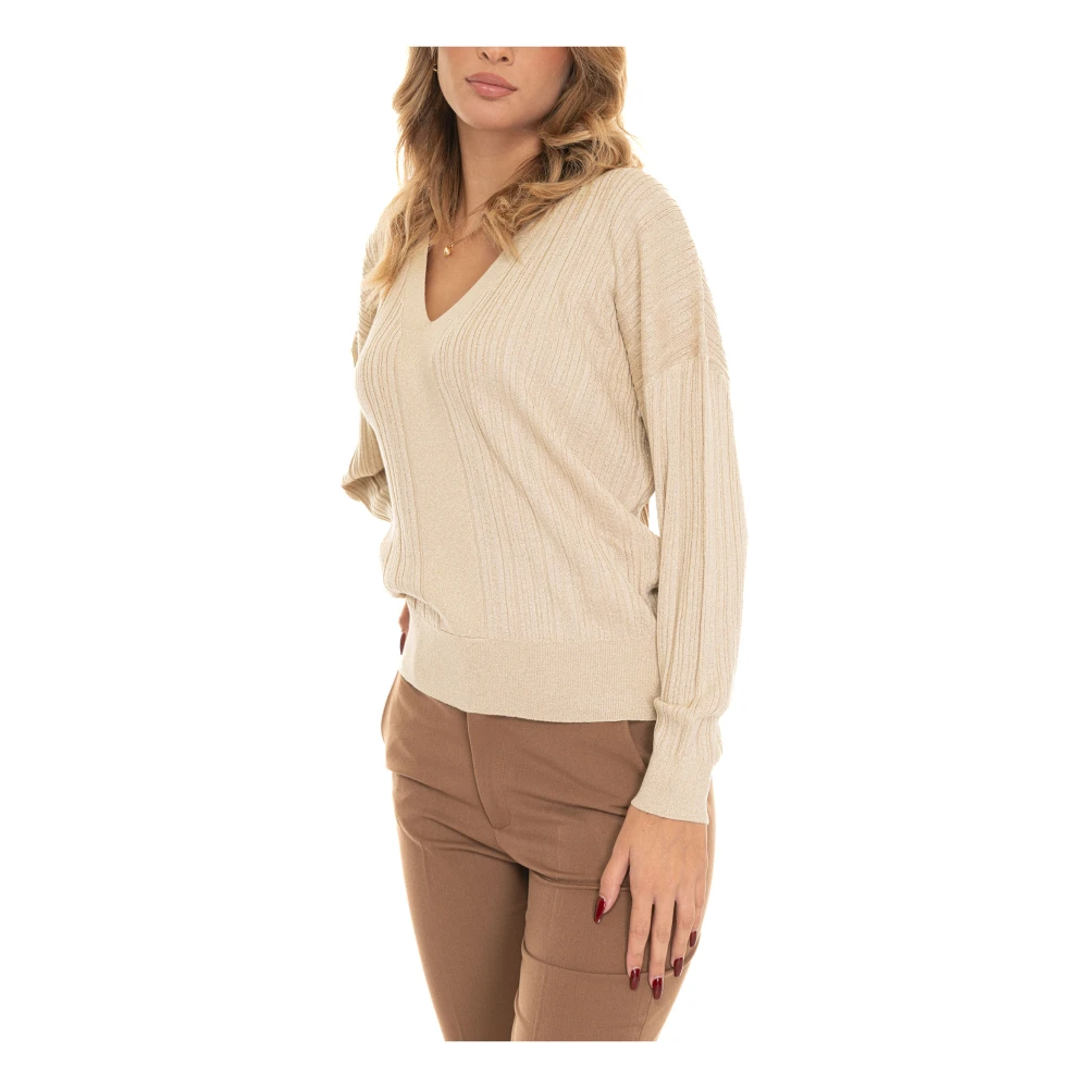 Liu Jo V-hals Lurex Pullover met Ribbewerking Yellow Dames
