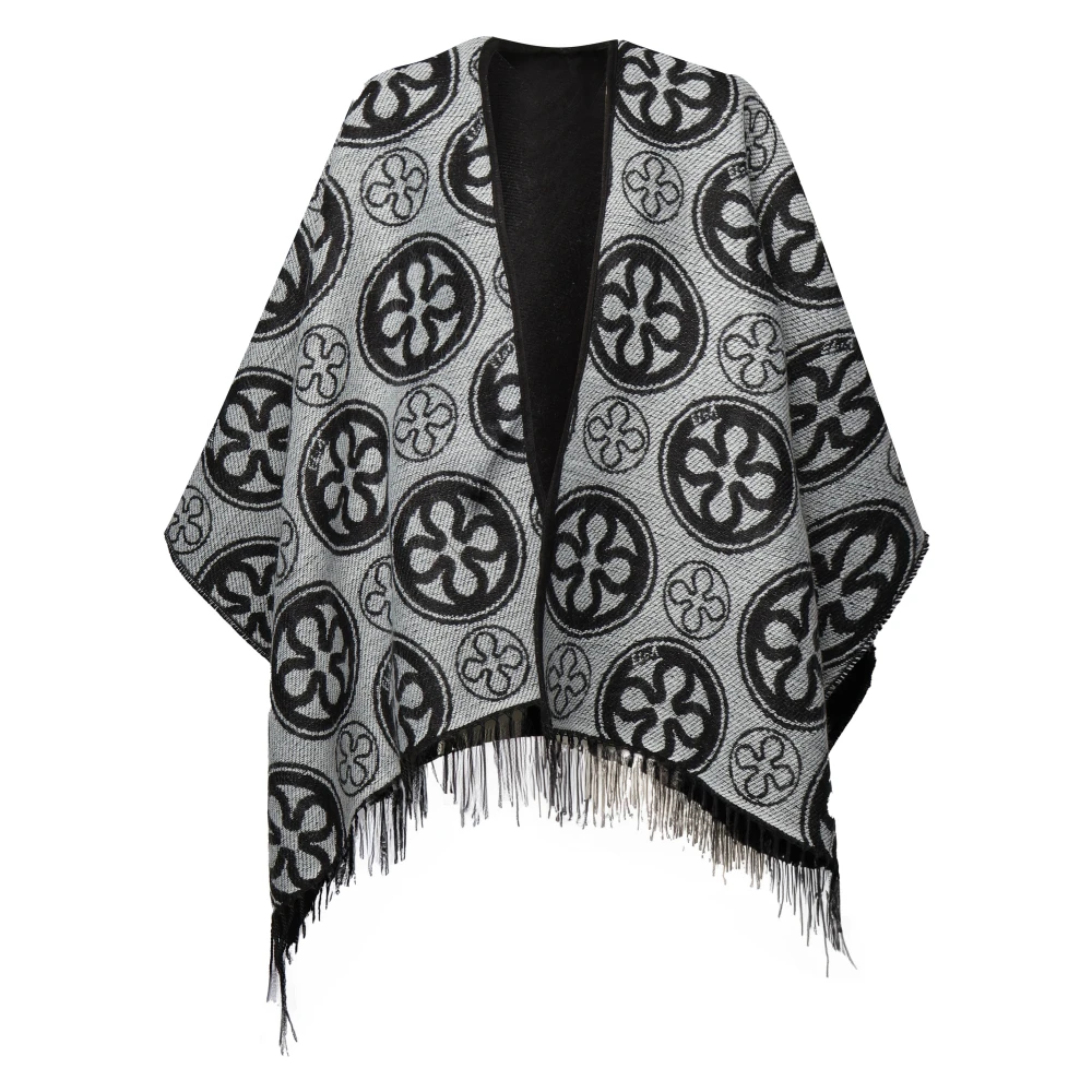 V73 Omkeerbare Zwarte Jacquard Cape met Franjekant Black Dames