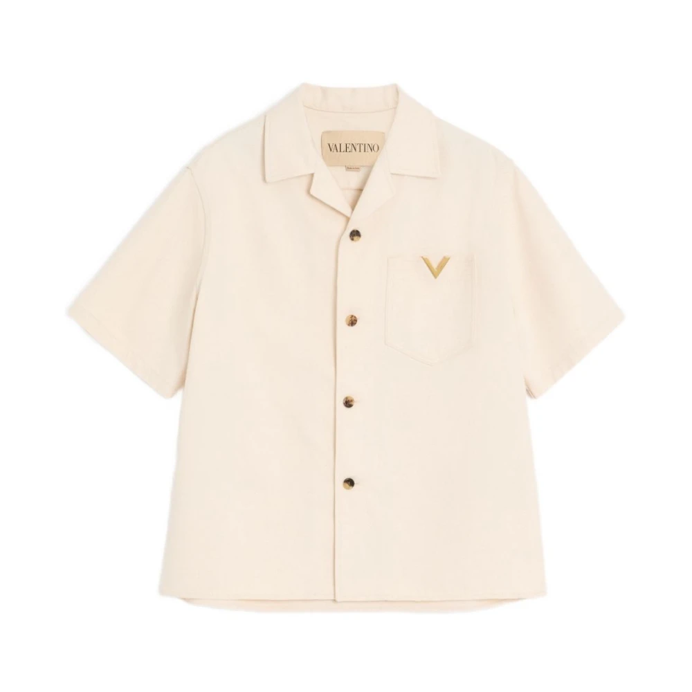 Valentino Garavani Short Sleeve Shirts, Male, Xl, Camicia In Cotone V Logo Beige