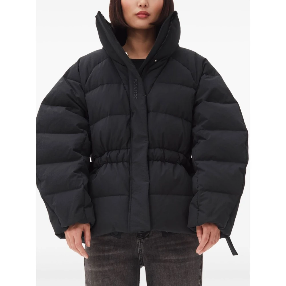 Ganni Zwarte Gewatteerde Jas met Strikdetail Black Dames