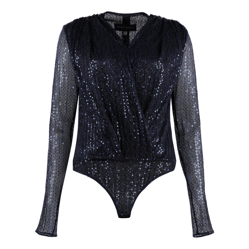 Talbot Runhof Sprankelende Sequin Deep V Neck Bodysuit Blue Dames