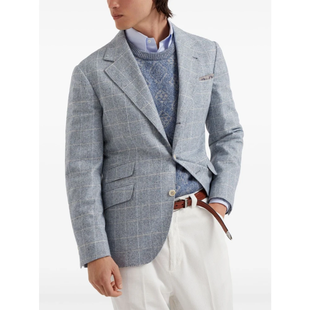 BRUNELLO CUCINELLI Blauw Geruit Patroon Zijde Blazer Blue Heren