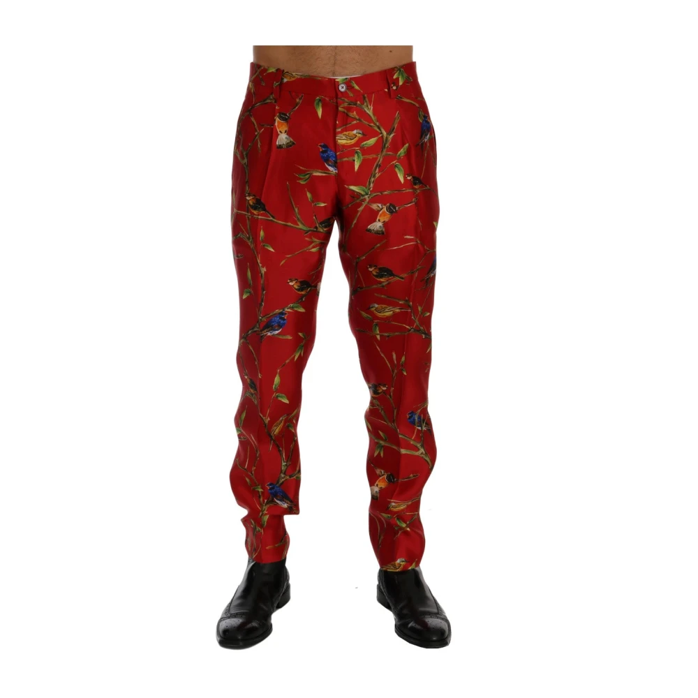 Dolce & Gabbana Elegante zijden vogelprint broek Red Heren