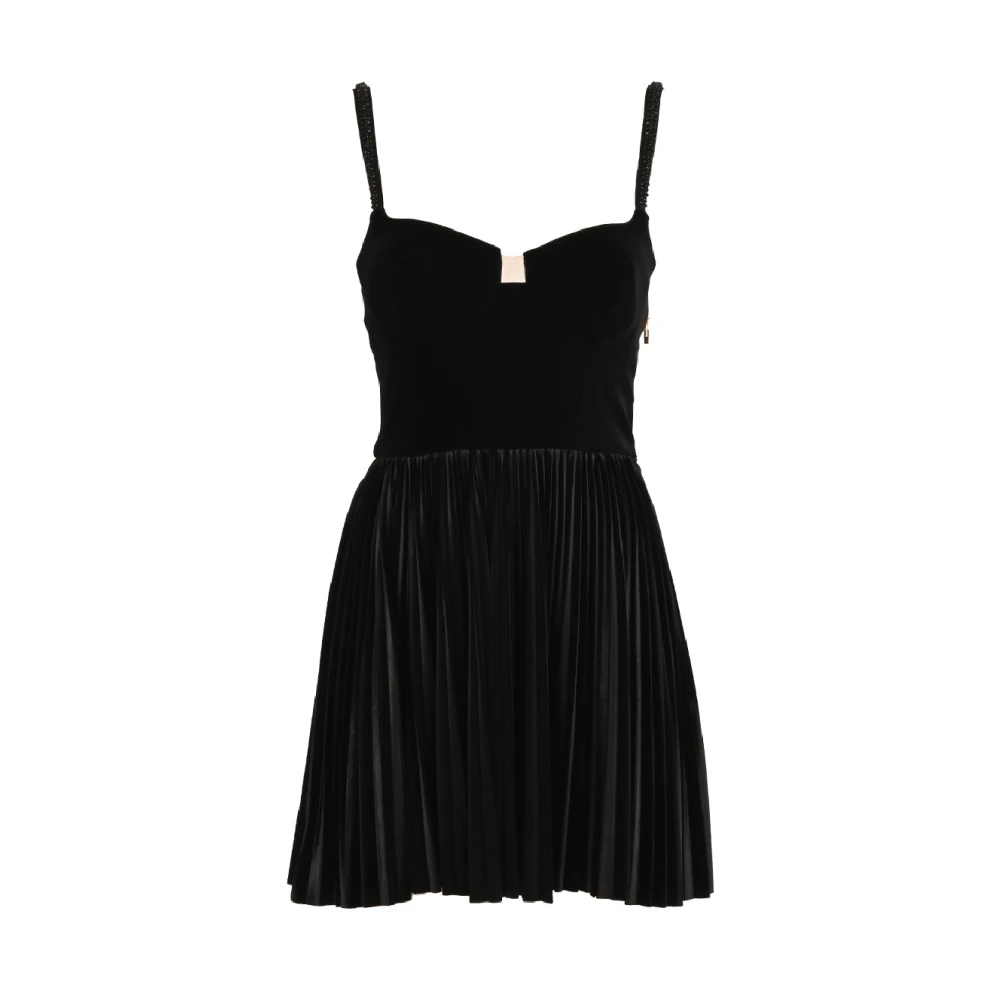 Elisabetta Franchi Zwarte fluwelen stretch jurk met geborduurde bandjes en geplooide rok Black Dames