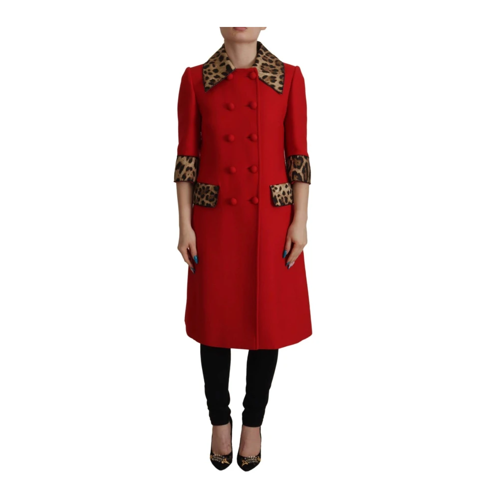 Dolce & Gabbana Women's Red Double-Breasted Coats, 2XS, Wool Leopard Trim Trench Coat