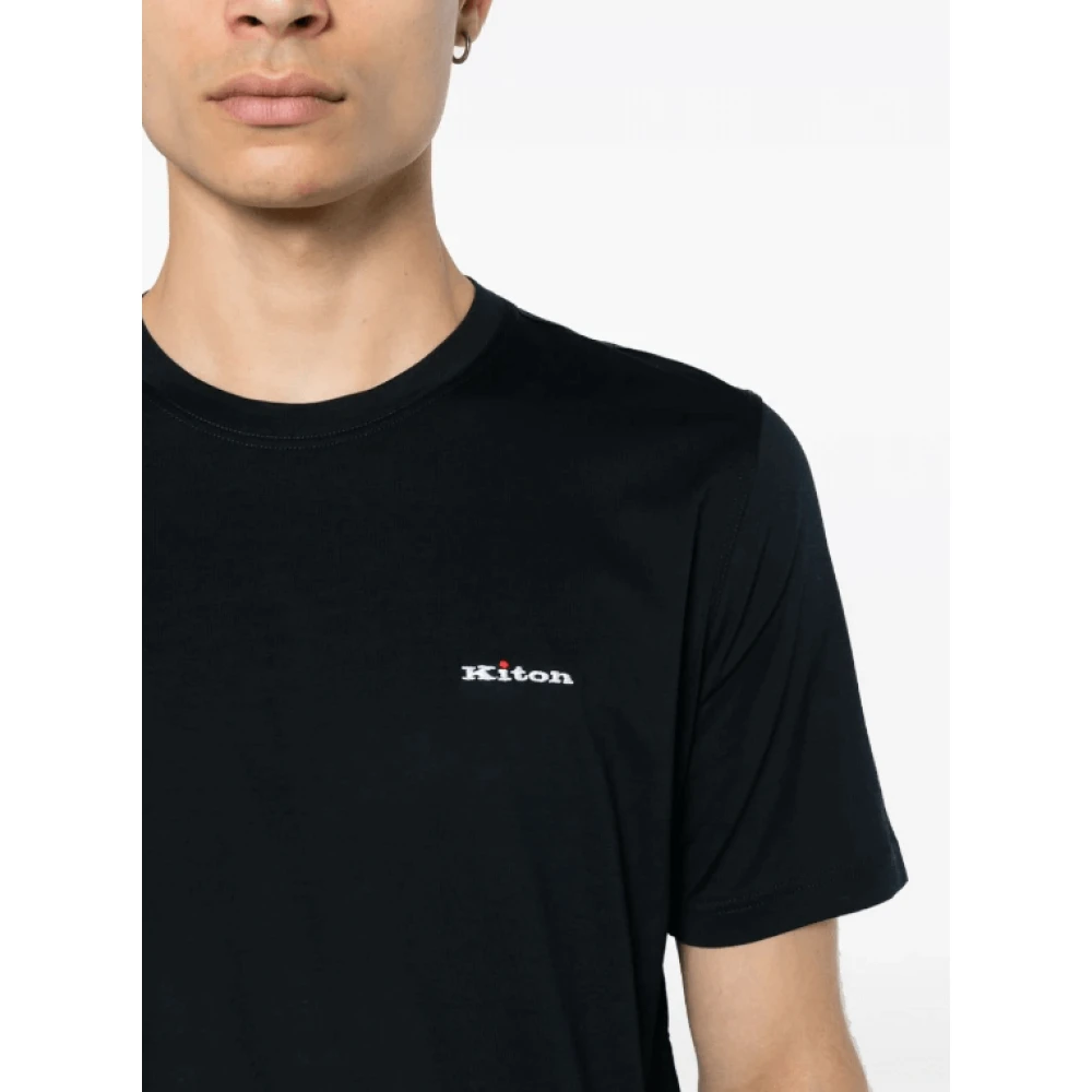 Kiton Blauw Geborduurd Logo T-Shirt Blue Heren