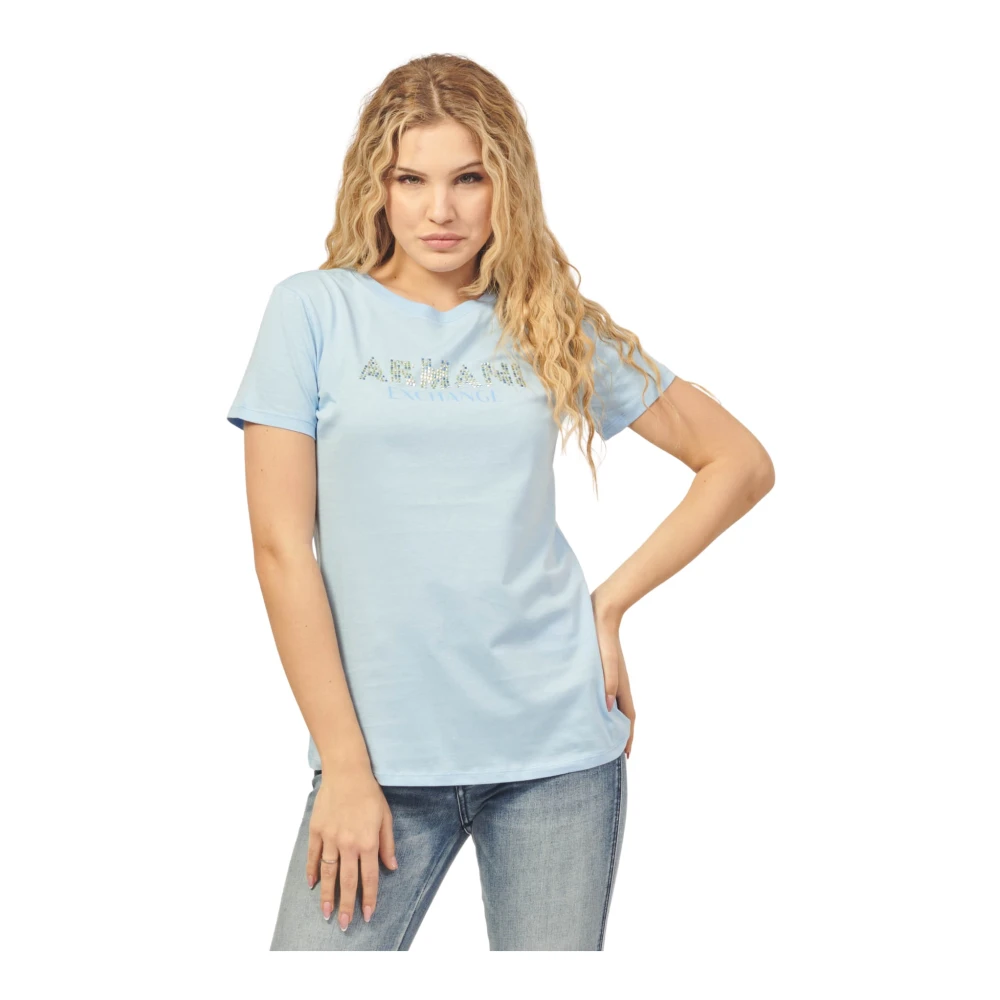Armani Exchange Blauwe Organische Katoen Logo Print T-shirt Blue Dames
