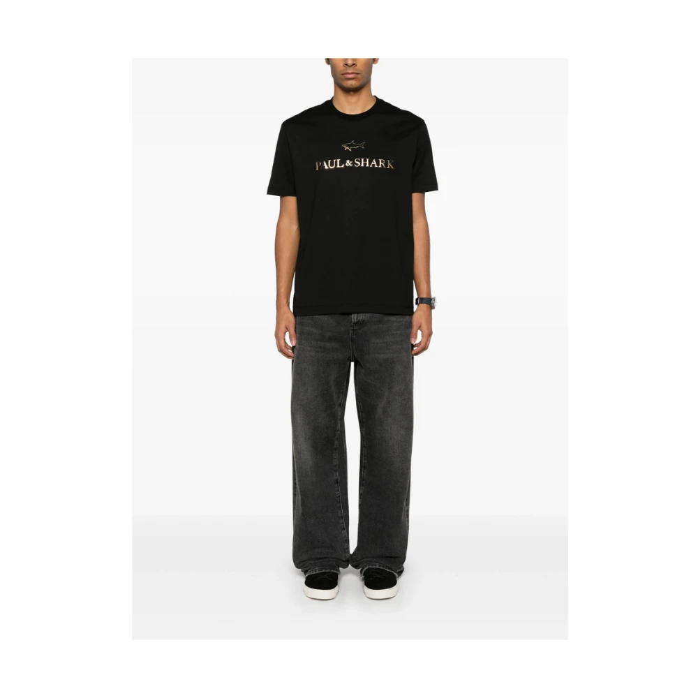 PAUL & SHARK Zwarte haaienprint ronde hals T-shirt Black Heren