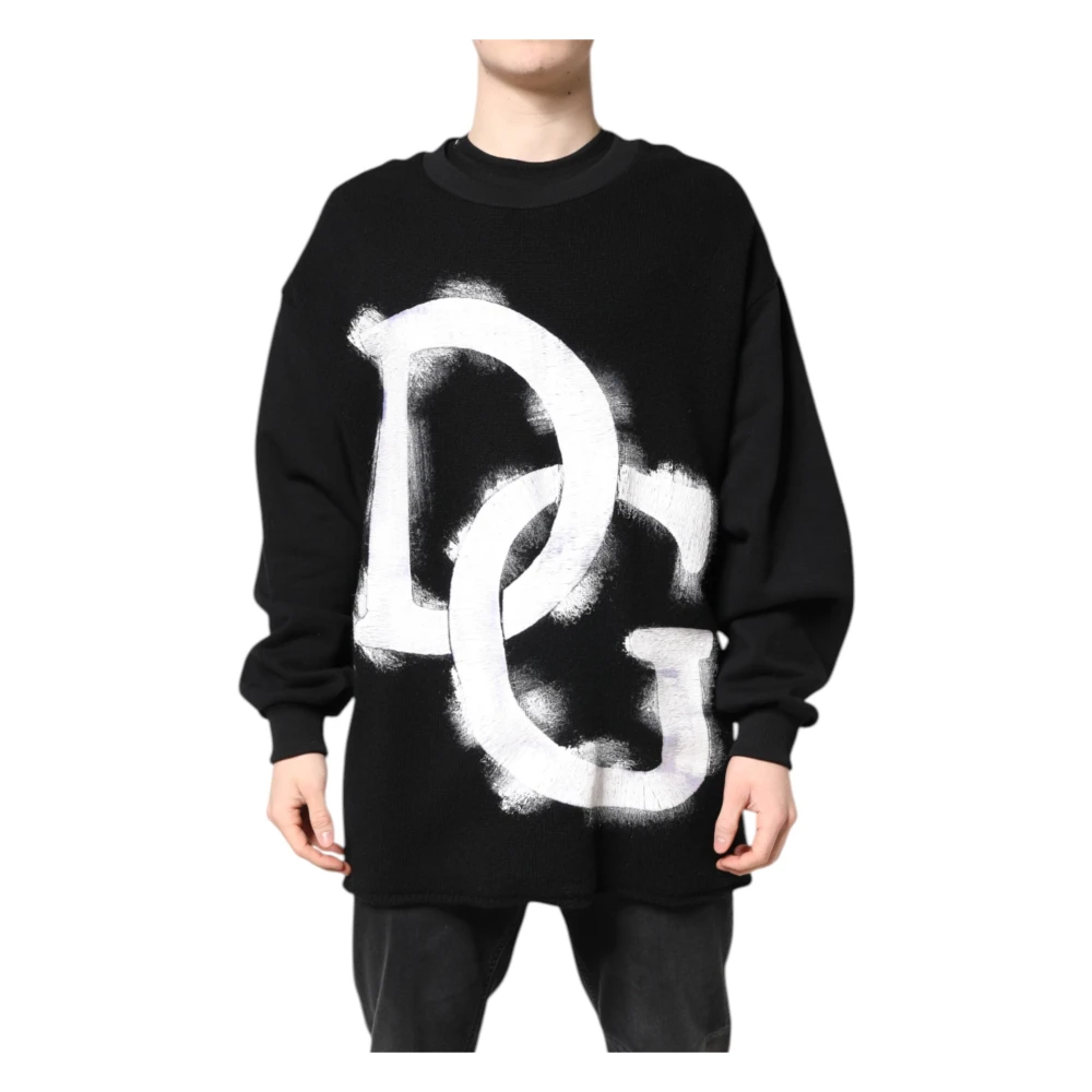 Dolce & Gabbana Men's Black Sweatshirts, L, Logo Print Pullover Jumper