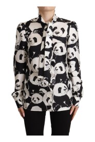 Black White Panda Print Silk Ascot Collar Top