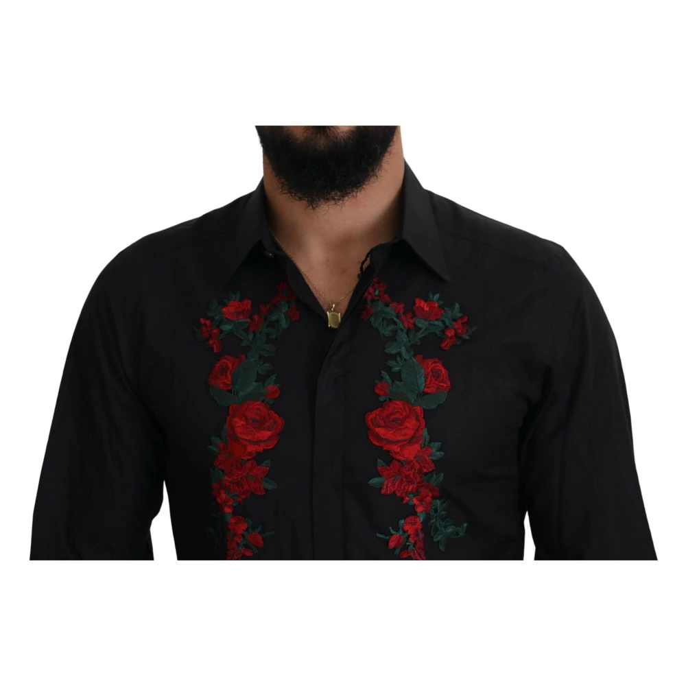 Dolce & Gabbana Zwarte katoenen overhemd met bloemenborduursel Black Heren