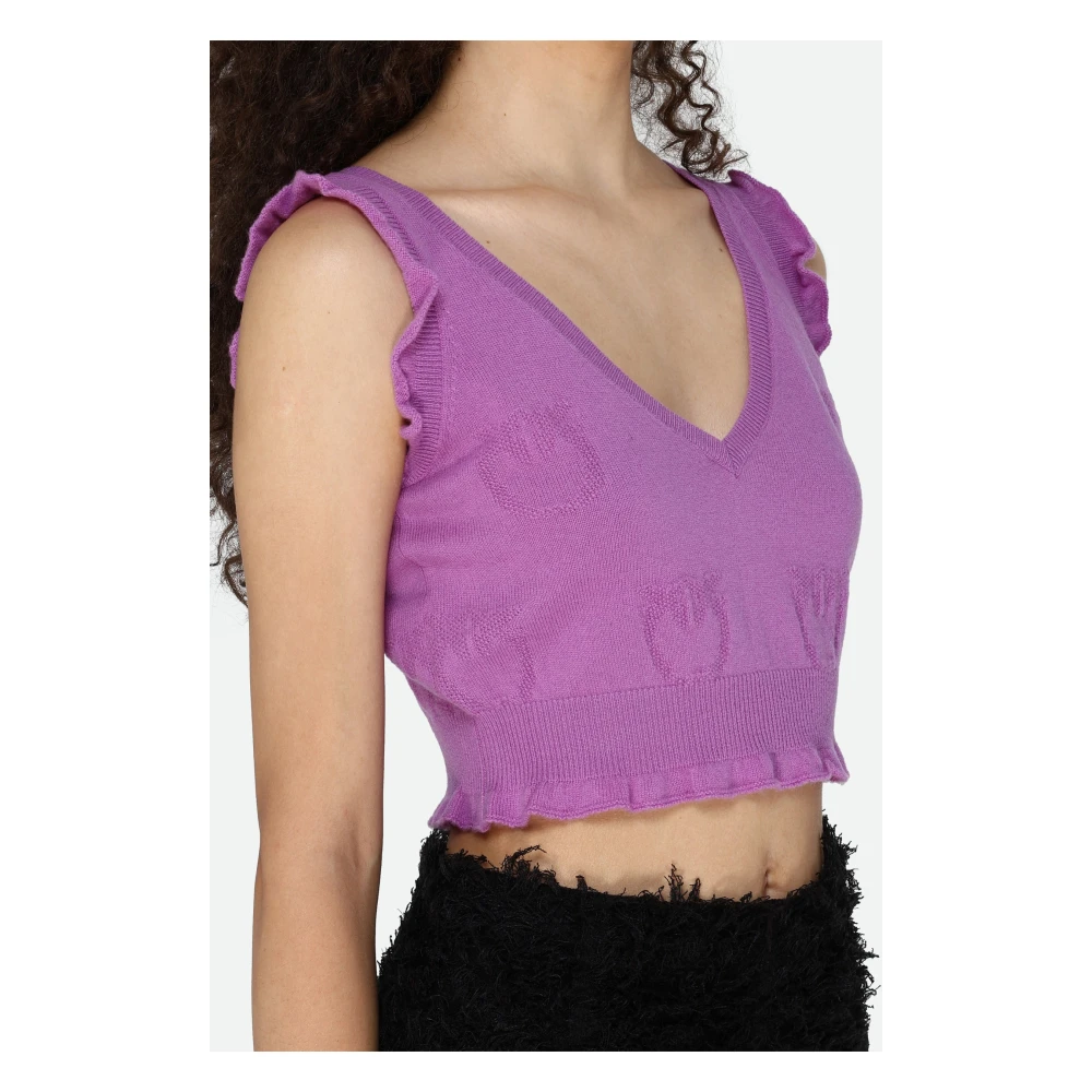 pinko V-hals Cashmere Top met Geborduurd Logo Purple Dames