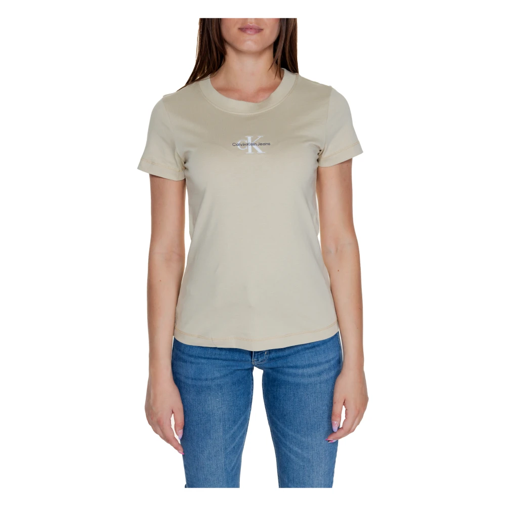 Calvin Klein Jeans Monologo Tee Herfst Winter Collectie 100% Gerecycled Katoen Beige Dames