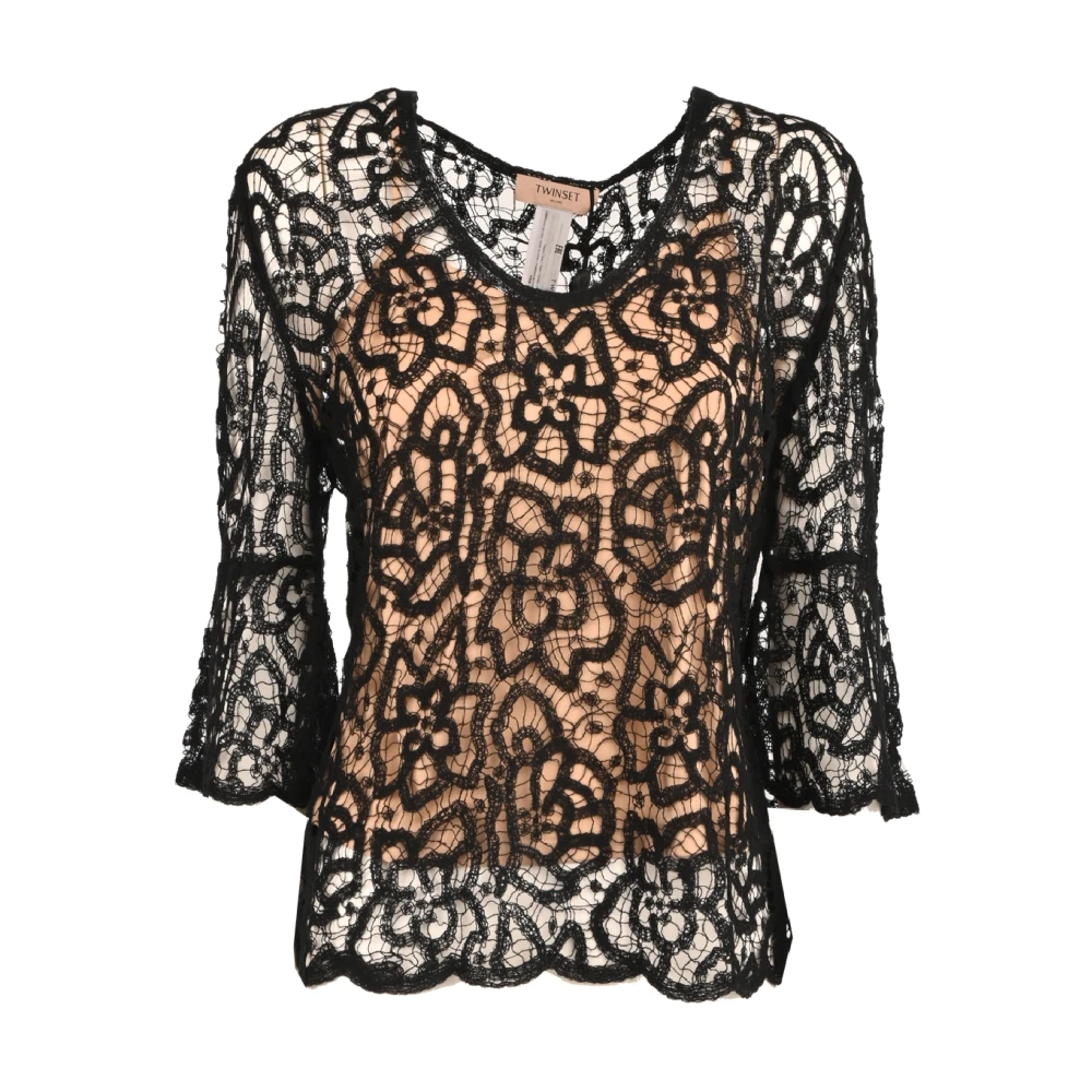 Twinset Women's Black Blouses, M, Lace Blouse With Wide Hem