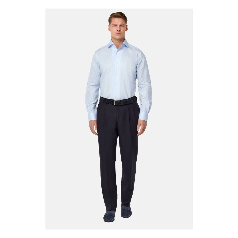 Boggi Milano Regular Fit Gestreept Katoen en Linnen Overhemd Blue Heren