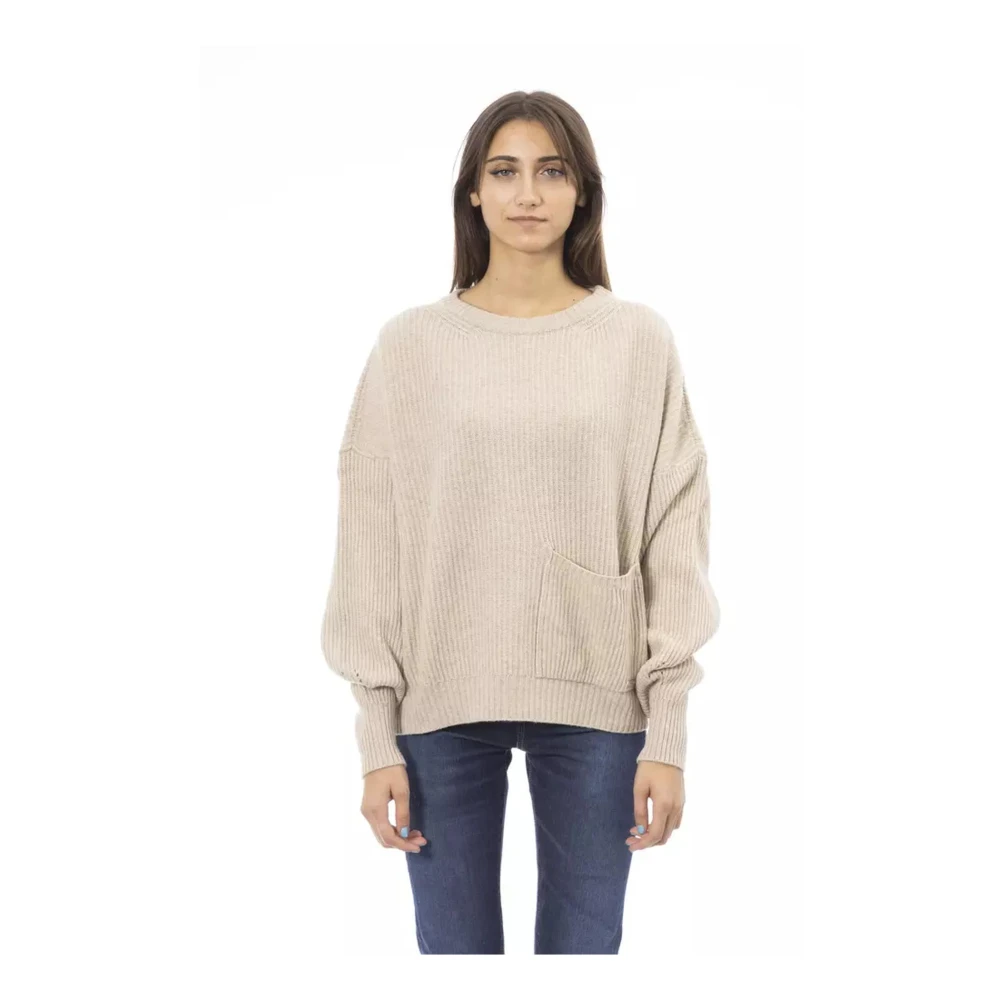 Baldinini Beige wollen trui met ronde hals en zak aan de voorkant Beige Dames