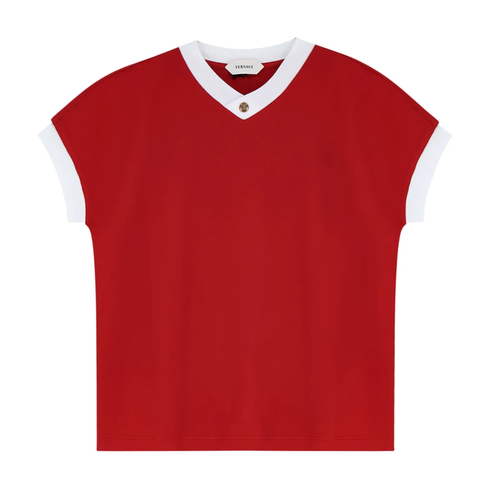 Versace Vrouw Rood Tops Dames, S, Katoen, T-Shirt Met V-Hals