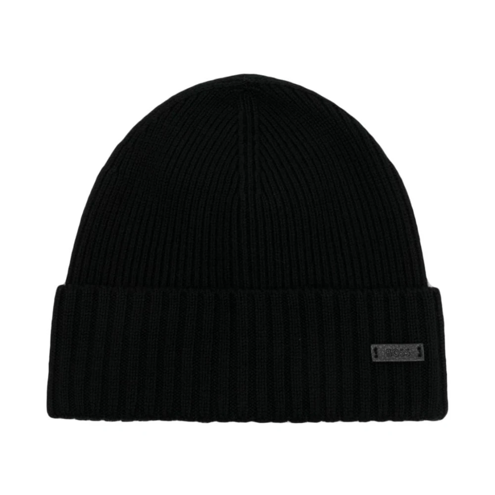 Hugo Black Wool Logo Patch Beanie - Unisex - Accessories - One Size - Accessories