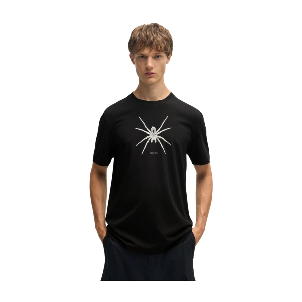 Hugo Boss Heren Katoenen Ronde hals T-shirt met Voorkant Print Black Heren