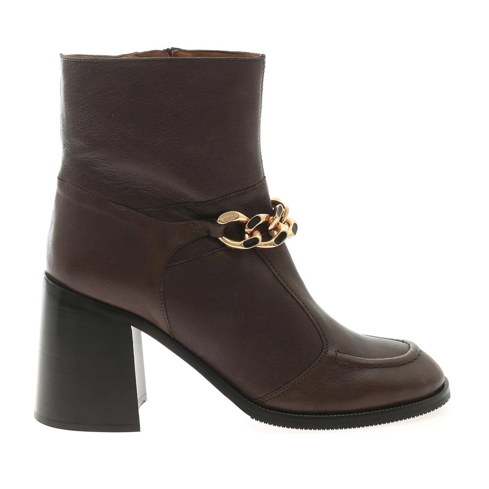 See by Chloé Mahe Booties - Bruna Läderankelboots med Gyllene Kedja Black, Dam