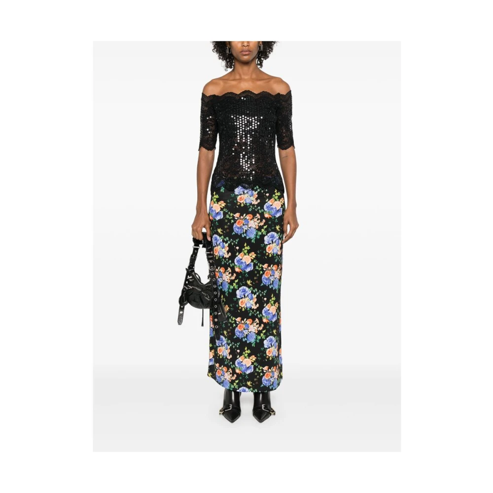 Paco Rabanne Bloemenkant Paillet Off-Shoulder Top Black Dames