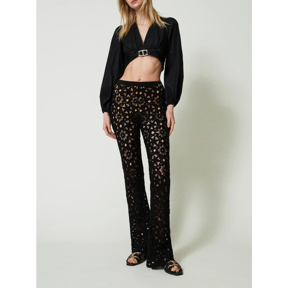 Twinset Flare Crochet Gebreide Broek Zwart Black Dames