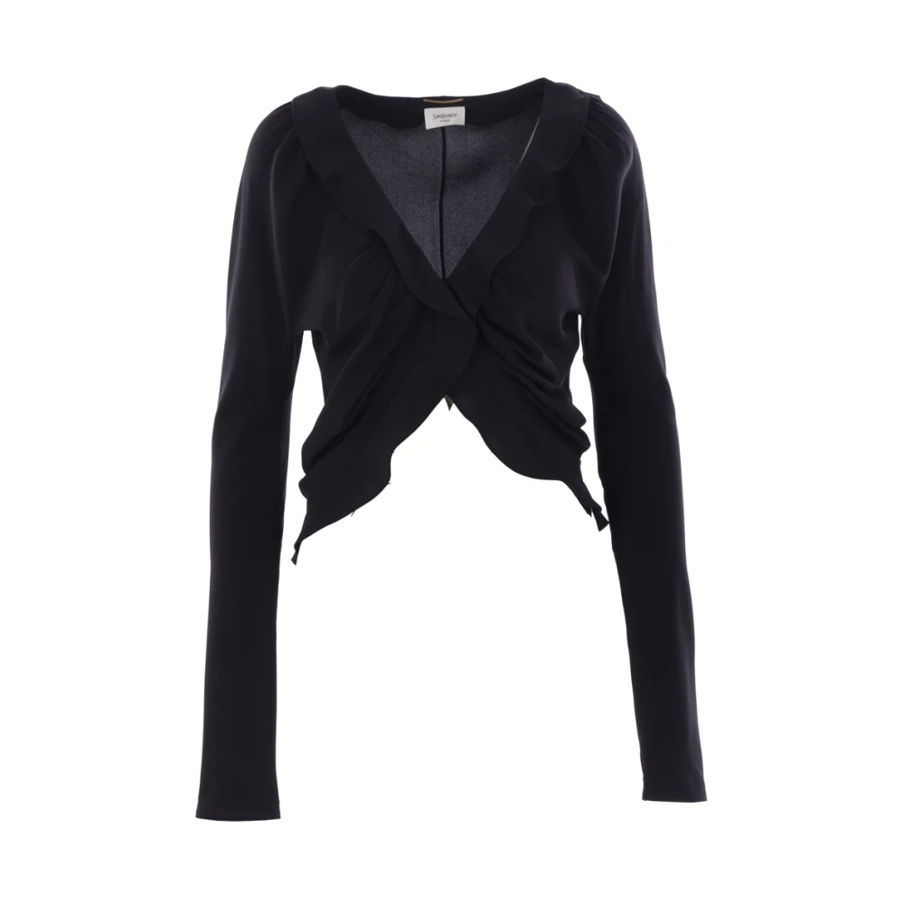 Saint Laurent Zwarte Zijden V-Hals Ruche Blouse Black Dames