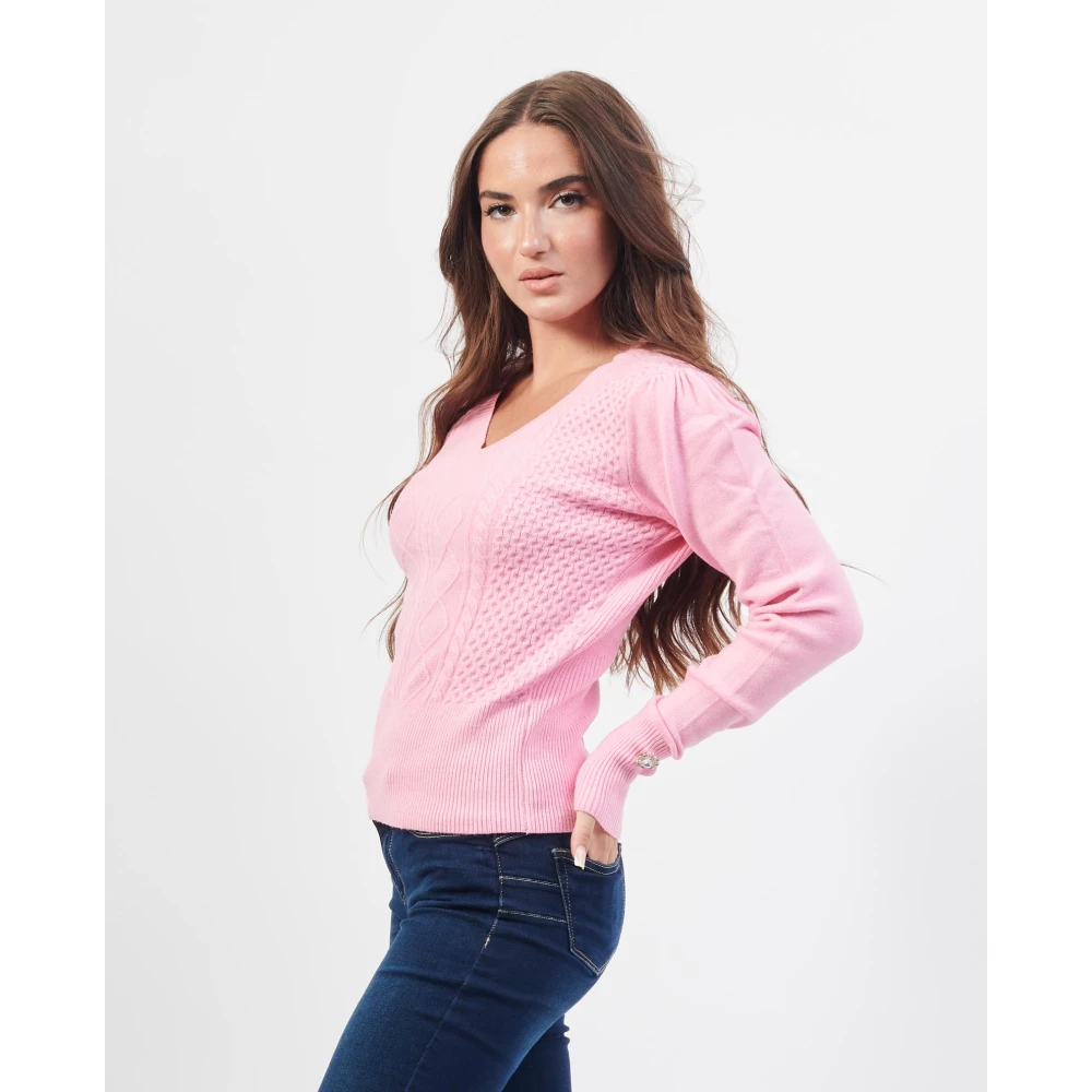 Fracomina Roze V-hals trui met geborduurde details Pink Dames