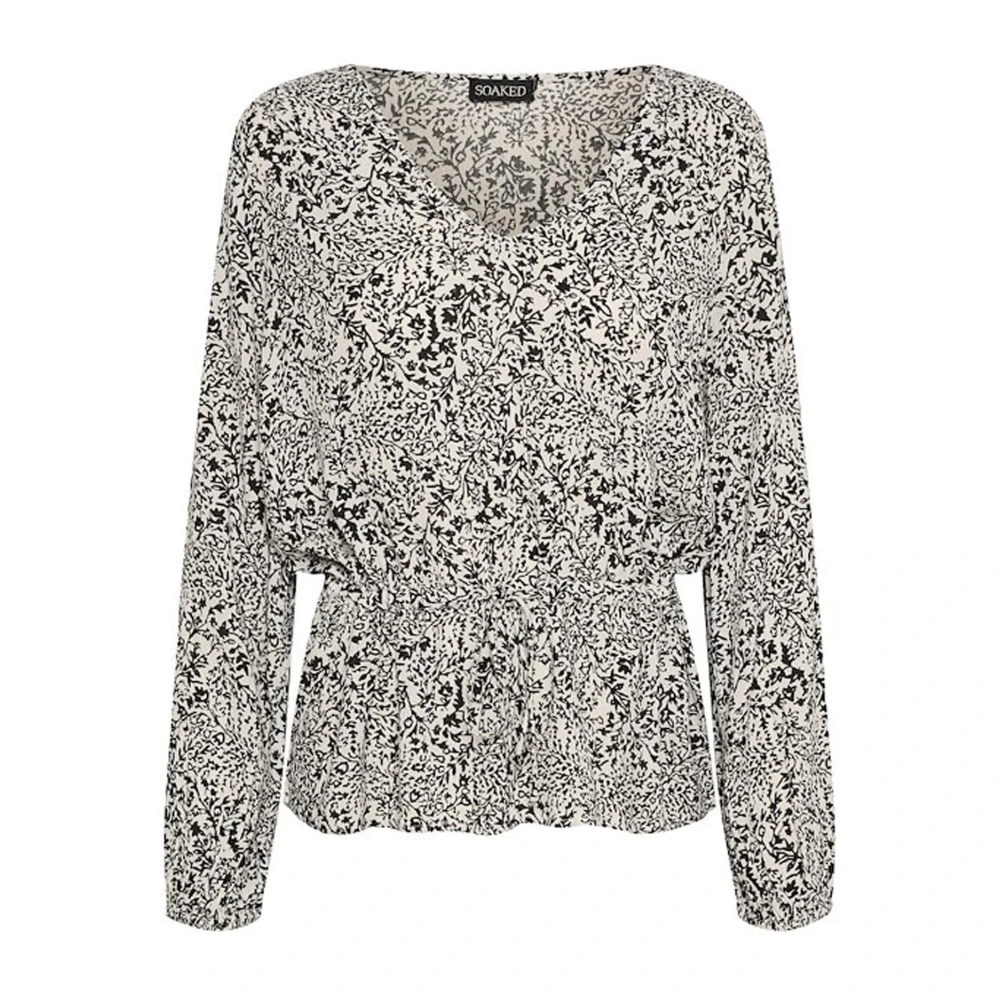 Soaked In Luxury Women's Black Blouses, Xs, Drawstring Blouse White Ditsy Print