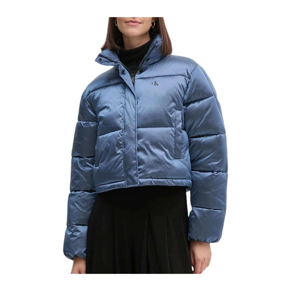 Calvin Klein Glanzende Cropped Puffer Jas Blauw Blue Dames