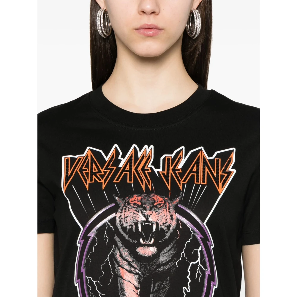 Versace Jeans Couture Zwarte Tiger Logo Strass T-Shirt Black Dames