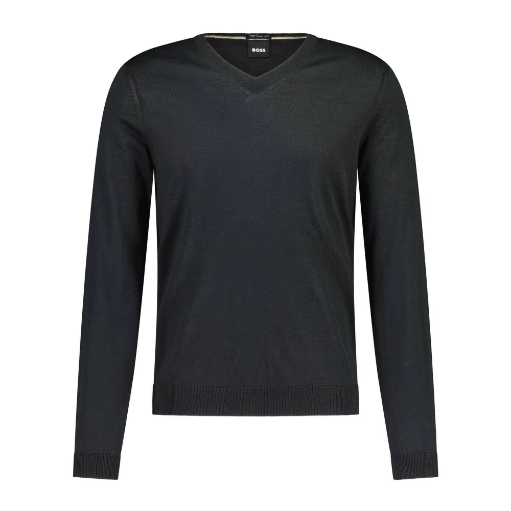 Hugo Boss Slim-Fit Ull Pullover V-Ringad Tröja Black, Herr