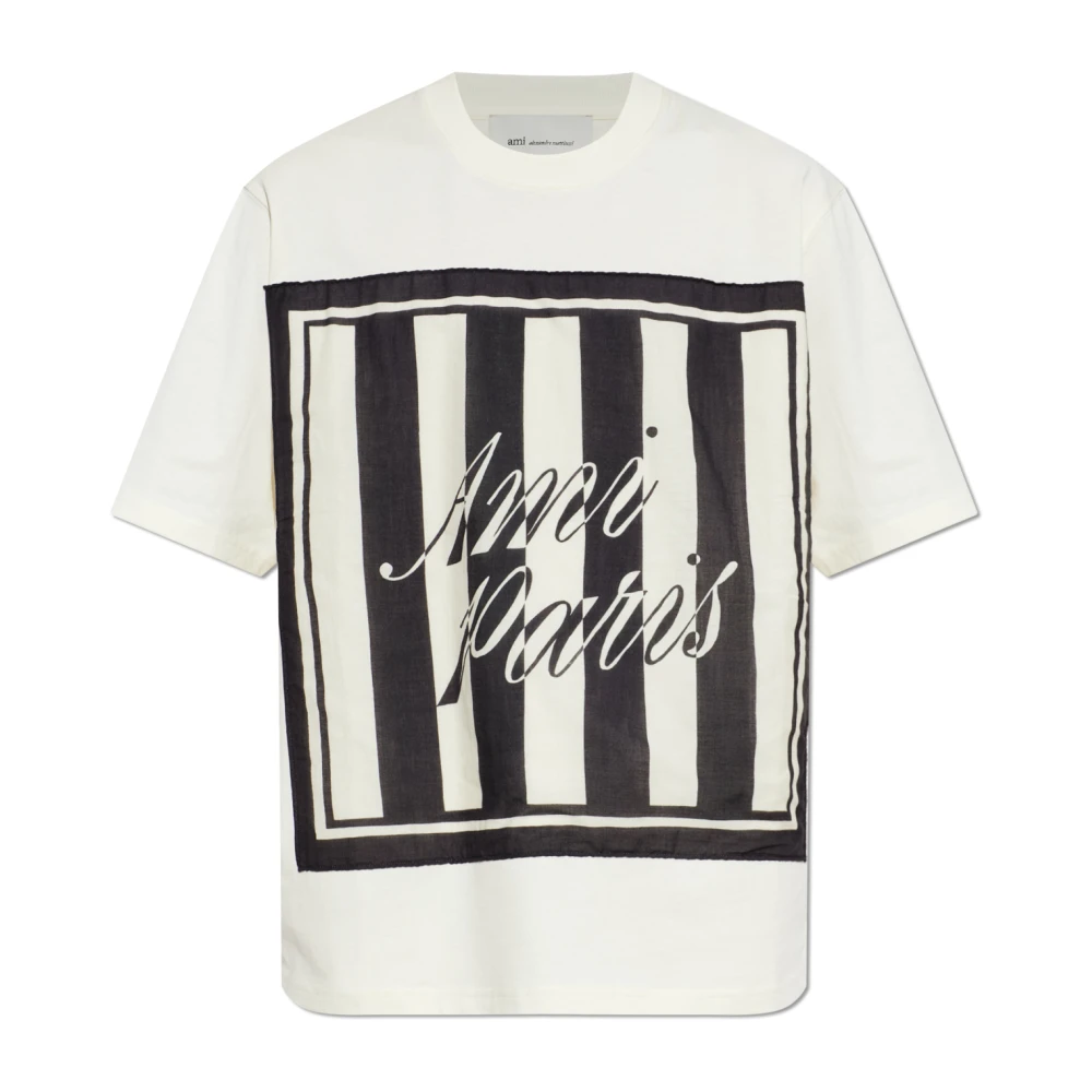Ami Paris Men's Beige T-Shirts, L, Cream T-Shirt With Logo
