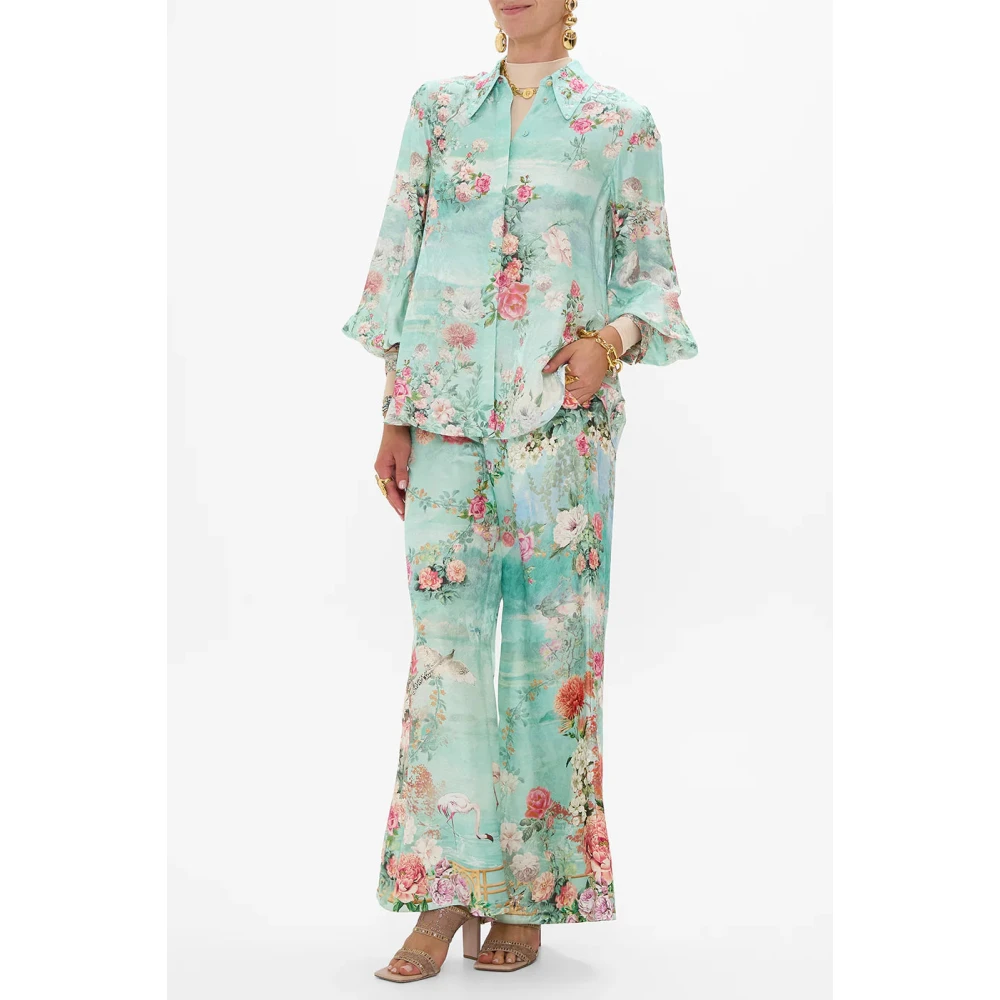 Camilla Zijden blouse met gebogen kraag en kristalversiering Blue Dames