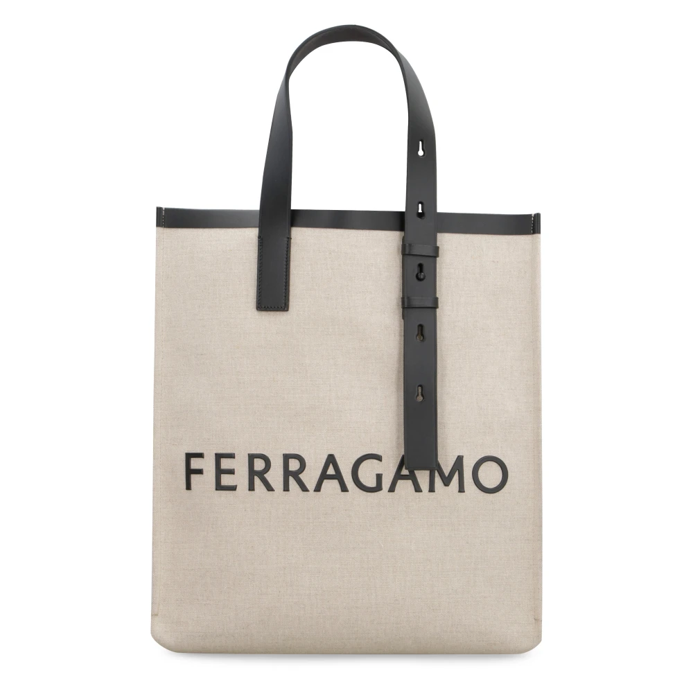 Salvatore Ferragamo Canvas Tote Bag met Leren Details Beige Heren