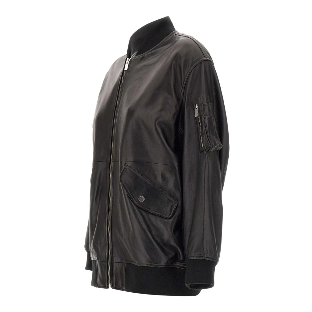 Theory Zwarte leren jas met geribbelde gebreide kraag Black Dames