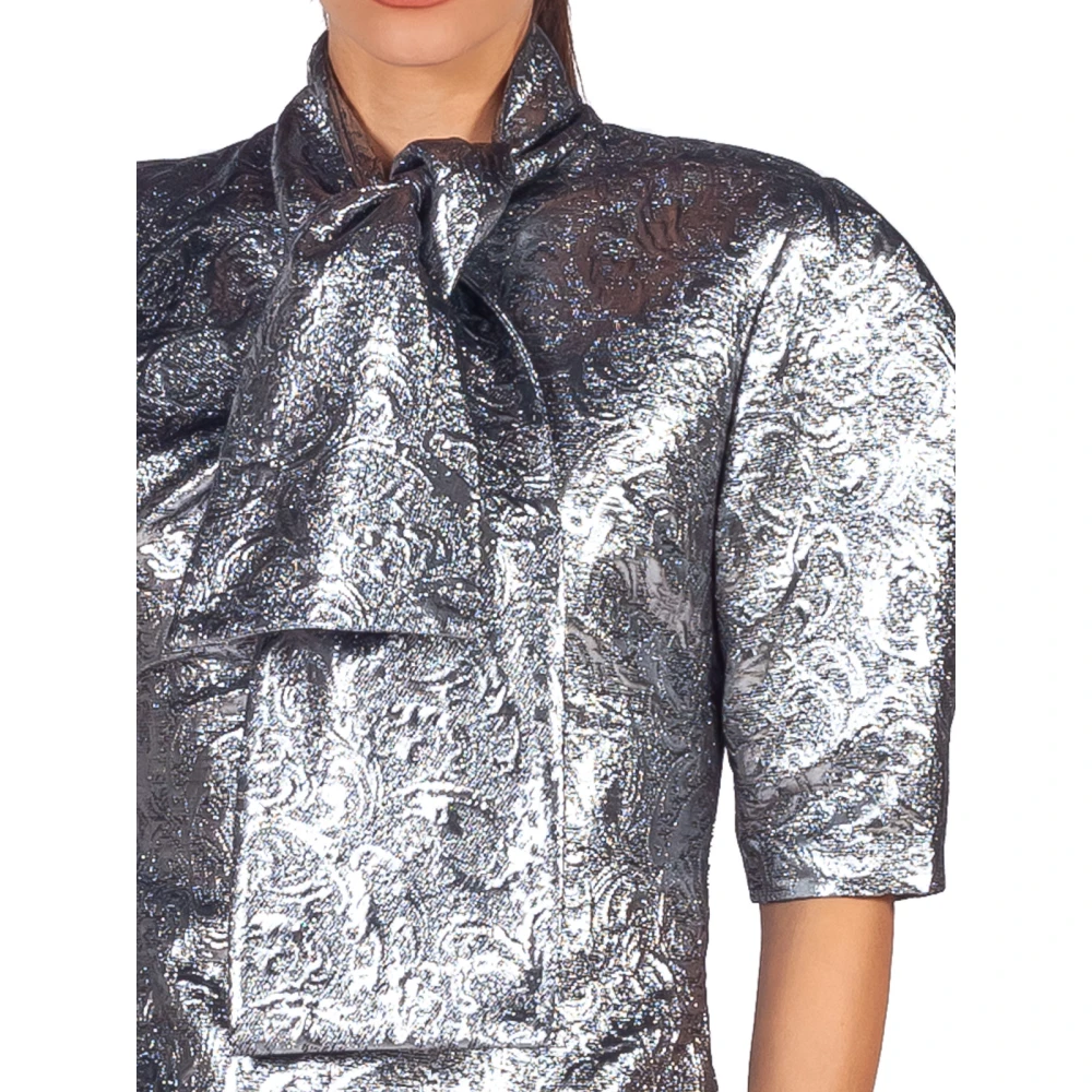 Msgm Metallic Jacquard Strik Hals Blouse Gray Dames