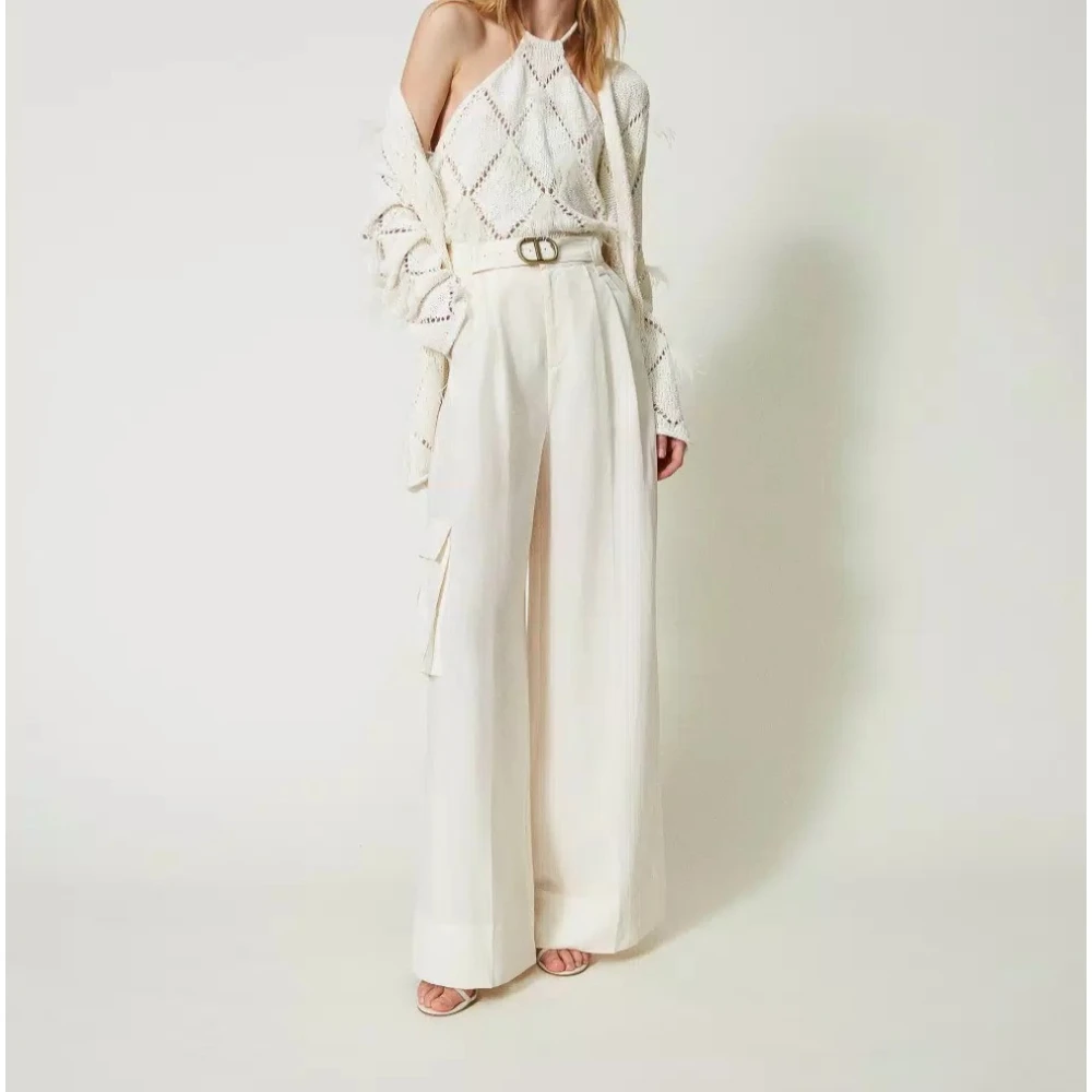 Twinset Wide Leg Linnen Broek White Dames