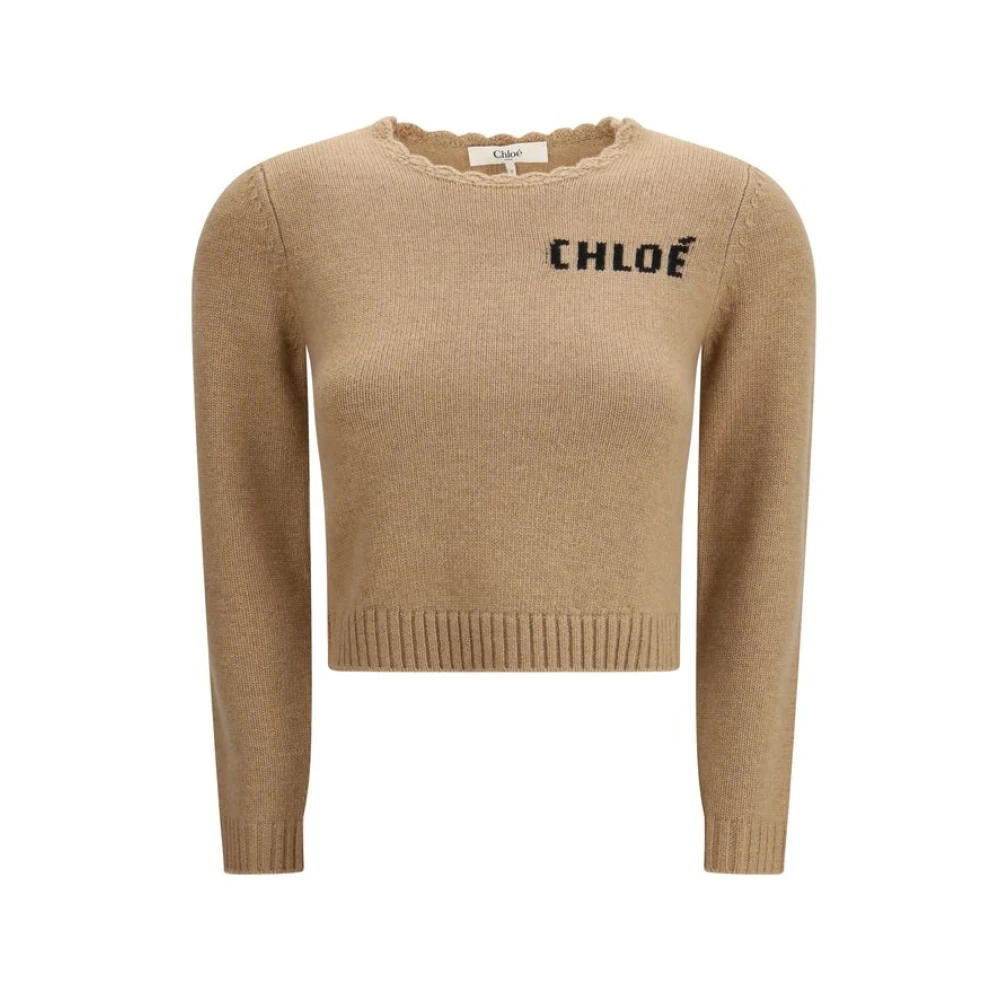 Chloé Women's Beige Round-Neck Knitwear, S, Logo Jumper
