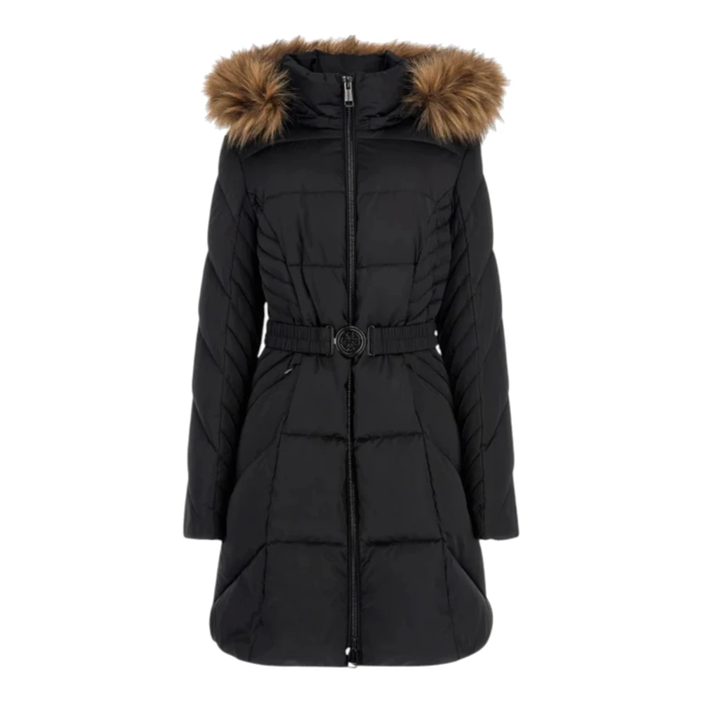 Guess Lange Zwarte Parka met Afneembare Bontkraag Black Dames