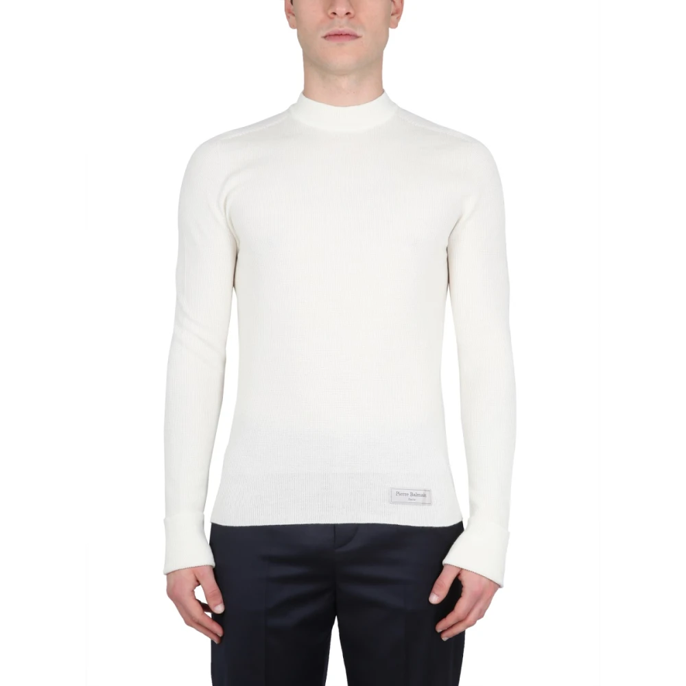 Balmain Wollen Jersey met Logo Patch White Heren